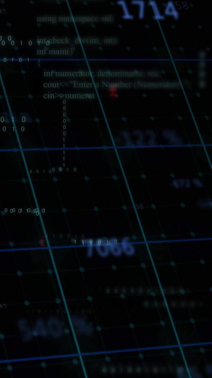 Vertical video: Camera panning starting, numbers pulsing and code scrolling, showing teal grid data
