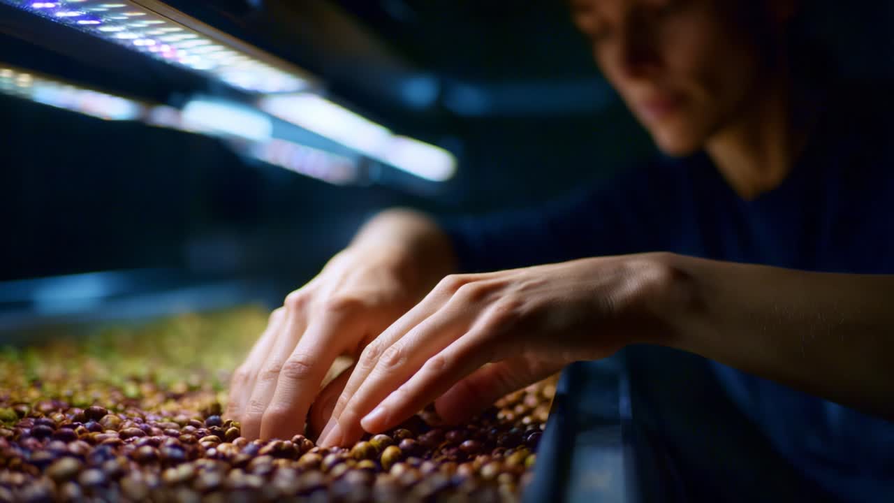Un individuo concentrato che ispeziona e seleziona olive colorate in un ambiente ben illuminato, mettendo in mostra l'artigianalità coinvolta nella lavorazione delle olive e nella selezione della qualità