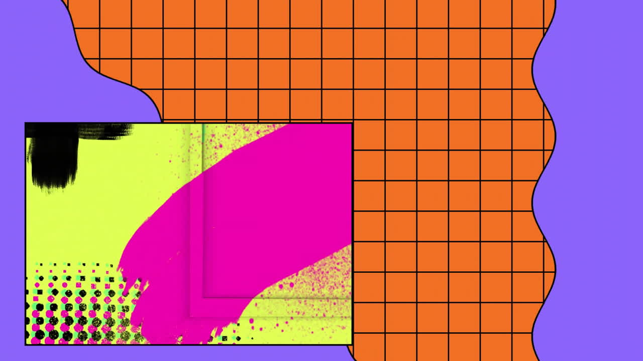 Animation of colourful shapes moving over squares