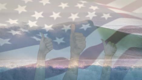 animación de la bandera de los estados unidos ondeando sobre el paisaje marino y las manos