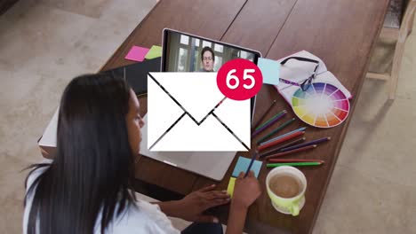 animation of email icon with numbers over caucasian woman on laptop video call