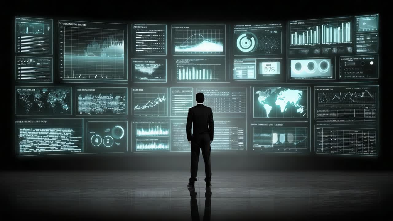 A Business Professional Analyzing Data Visualizations on Multiple Screens in a High-Tech Environment, Focusing on Insights and Trends for Strategic Decision Making