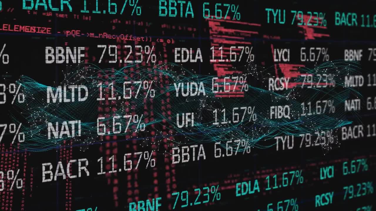 Animation of trading board over dna helix pattern and programming language on black background