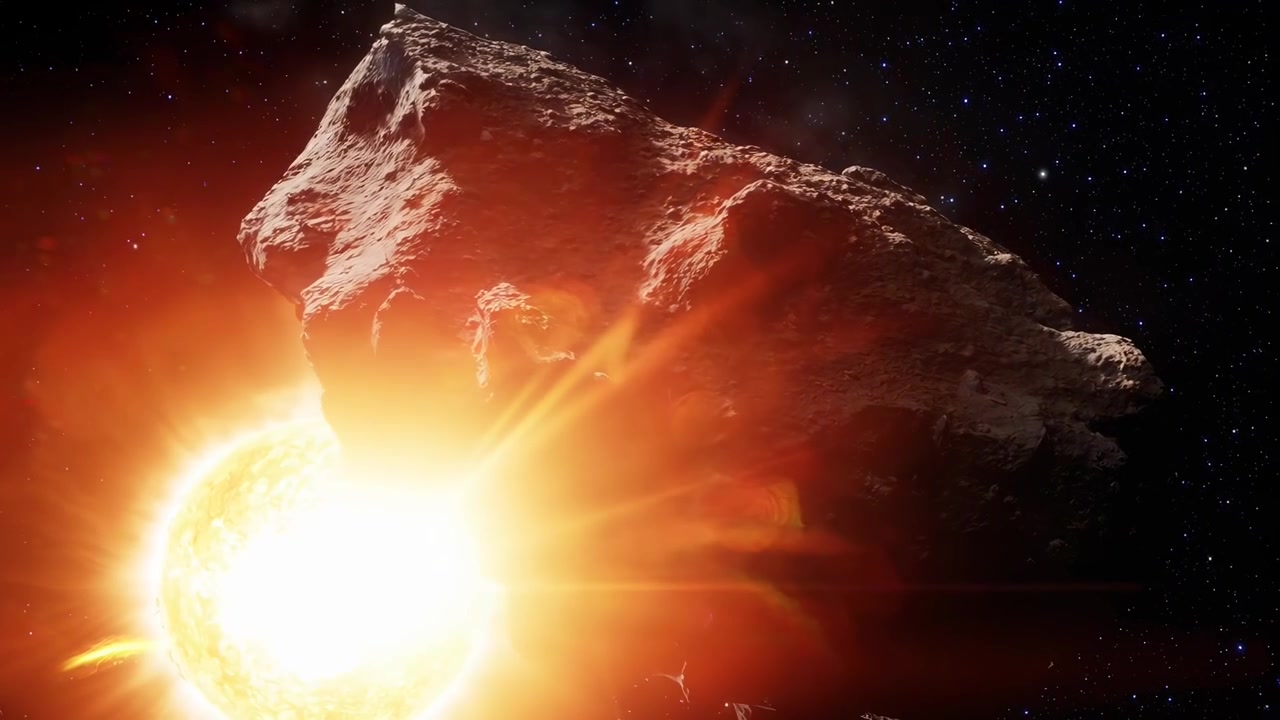 Astéroïde s'approchant et entrant en collision avec une étoile brillante dans l'espace profond