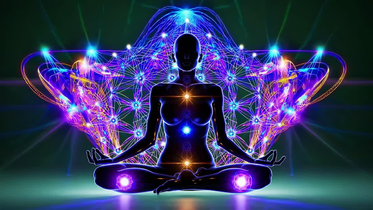 Silhouette of a meditating figure with glowing chakras and abstract energy lines