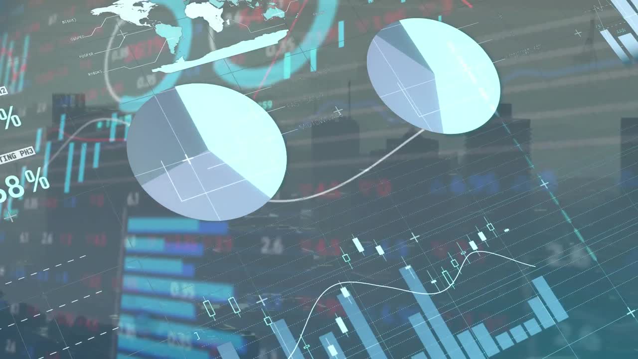 Animation of statistical and stock market data processing against aerial view of cityscape
