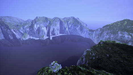 stunning cliffs overlooking a serene dark lake at dusk in an isolated location