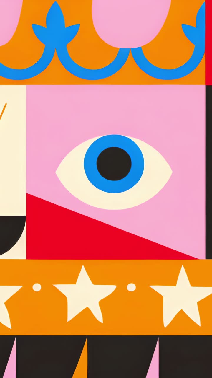 Vertical video: Looping panel showing pink petal drifting across orange band, near stylized eye