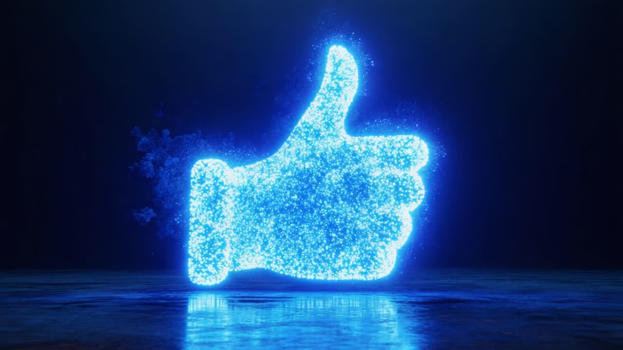 A mesmerizing digital representation of a glowing thumbs-up symbol created using vibrant blue particles and stunning visual effects, highlighting positivity and approval in a virtual space