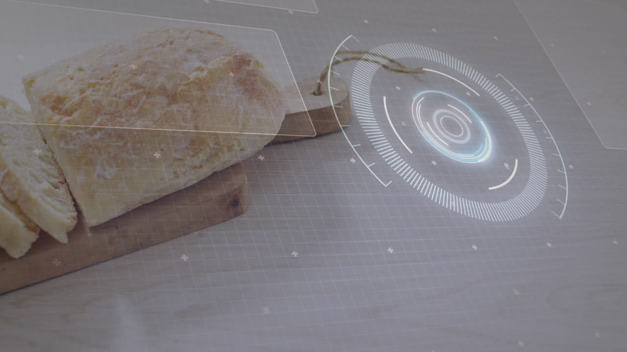 Upon radial scanner appearing, scanning sliced bread loaf for analysis via pulsing chart circuits