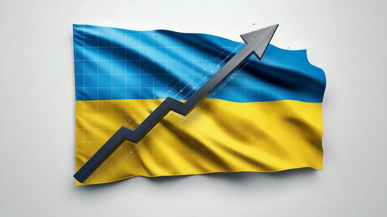 Animated Ukrainian flag rippling in breeze against backdrop, with grid and particles tracing arrow