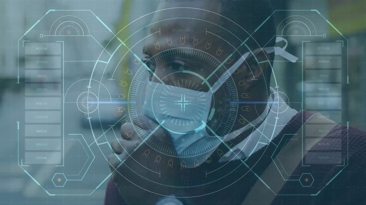 анимация обработки медицинских данных над афроамериканцем в маске для лица, кашлящим
