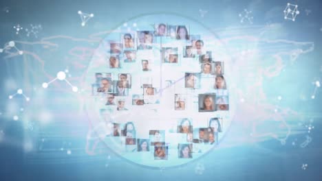 animación de iconos de personas sobre formas y mapa del mundo