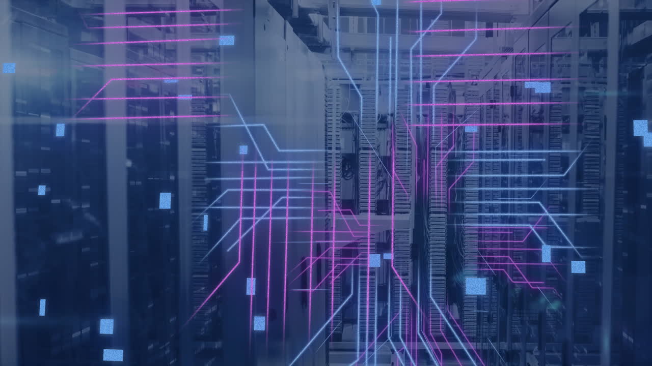 Animation of circuit board and data processing over computer servers