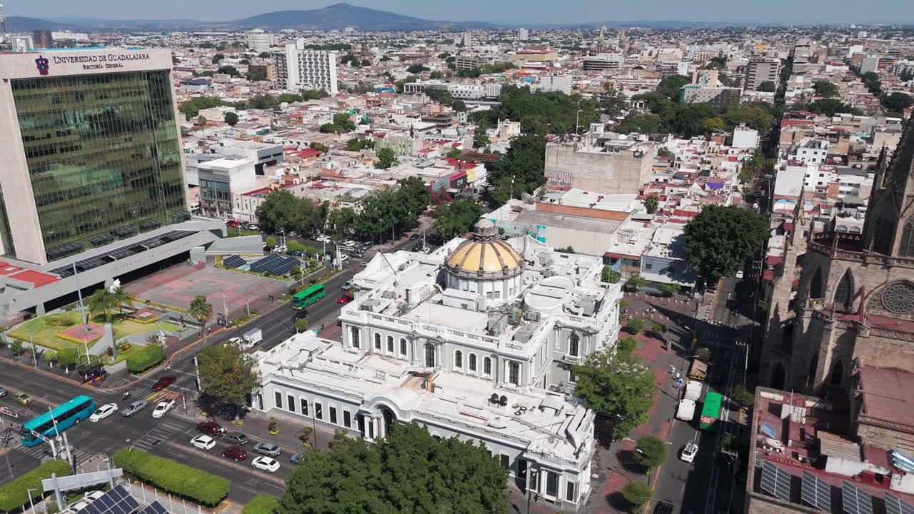Aerial view of the Museo de las Artes and the Rectoria Building in Guadalajara, Jalisco, Mexico, with the traffic of the Enrique Diaz de Leon and the Vallarta avenue