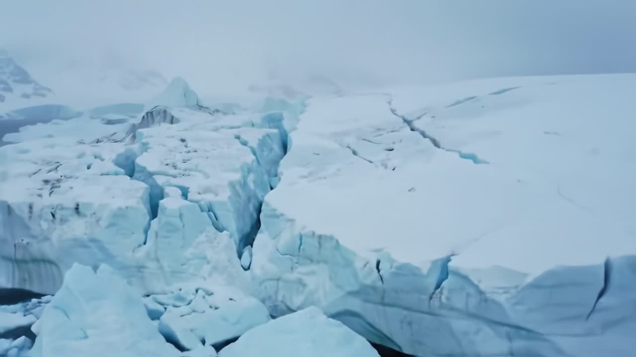 Stunning Aerial View of Glacial Landscape Showcasing Cracked Ice Formations and Towering Icebergs Under a Misty Sky