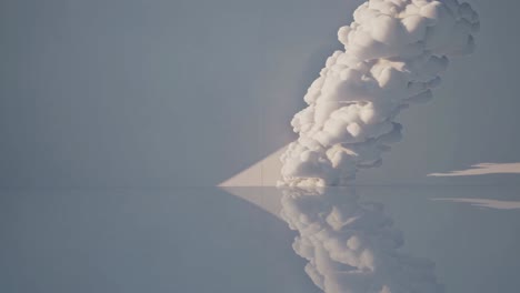 minimalist room with red door and white smoke