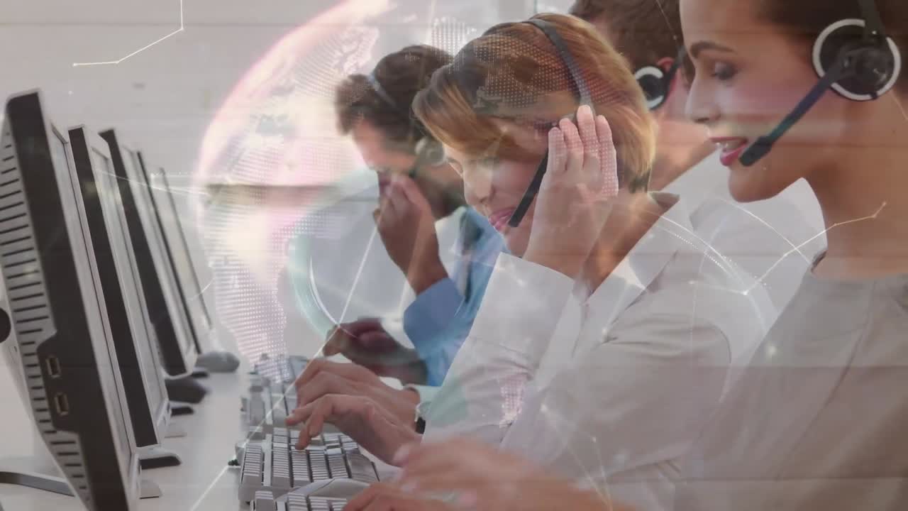 전화 헤드 ⁇  을 사용하는 사업가 들 의 전 세계 에 대한 애니메이션