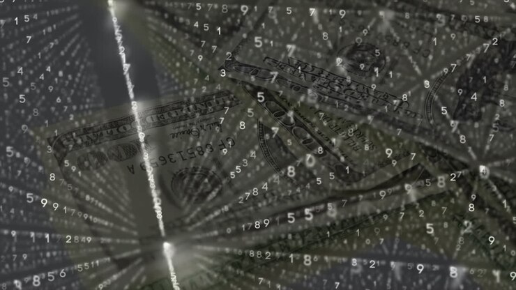 Animation of data processing over american dollar banknotes