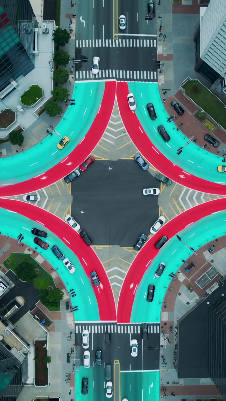 Vertical video: Showing urban junction signals changing cars turning people crossing lanes shifting