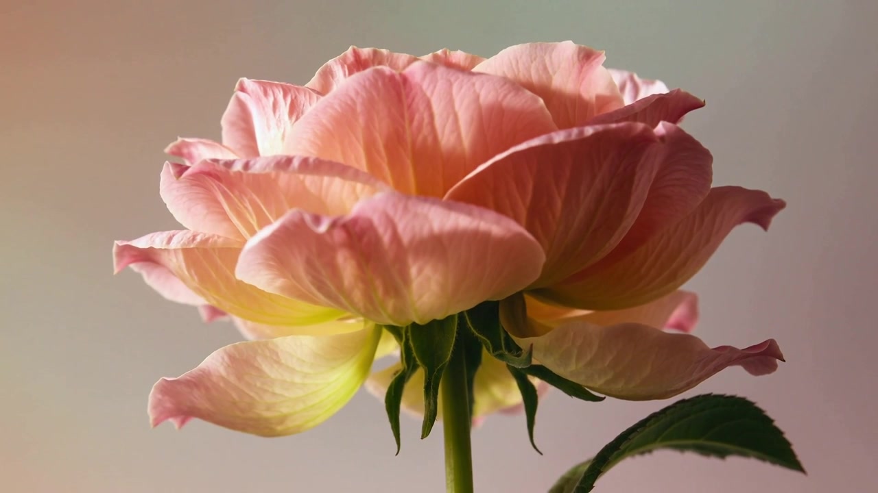 Una singola rosa rosa che si apre e dispiega i petali in uno studio in time-lapse, rivelando sepali, stelo e foglie.