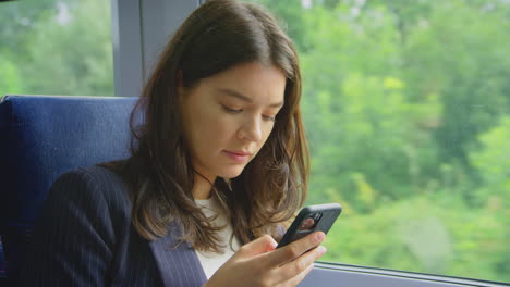 Geschäftsfrau-Pendelt-Im-Zug-Zur-Arbeit-Und-Schaut-Auf-Ihr-Mobiltelefon