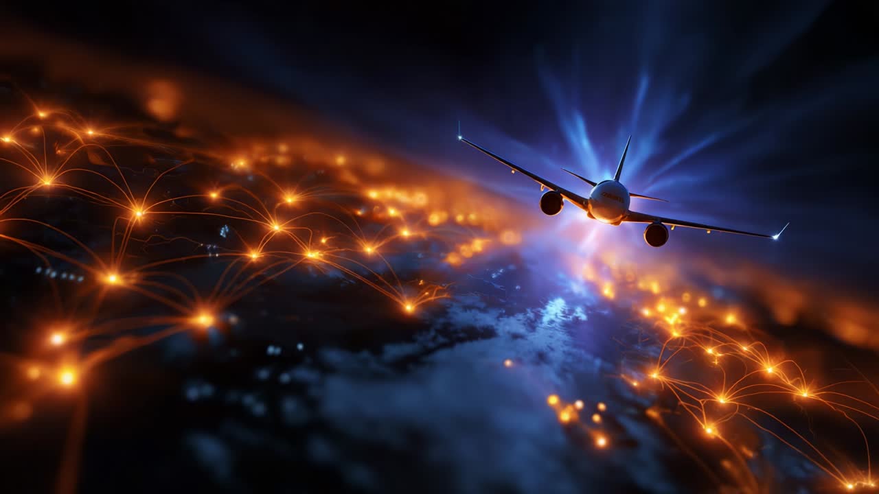 Airplane Flying Over Global Network