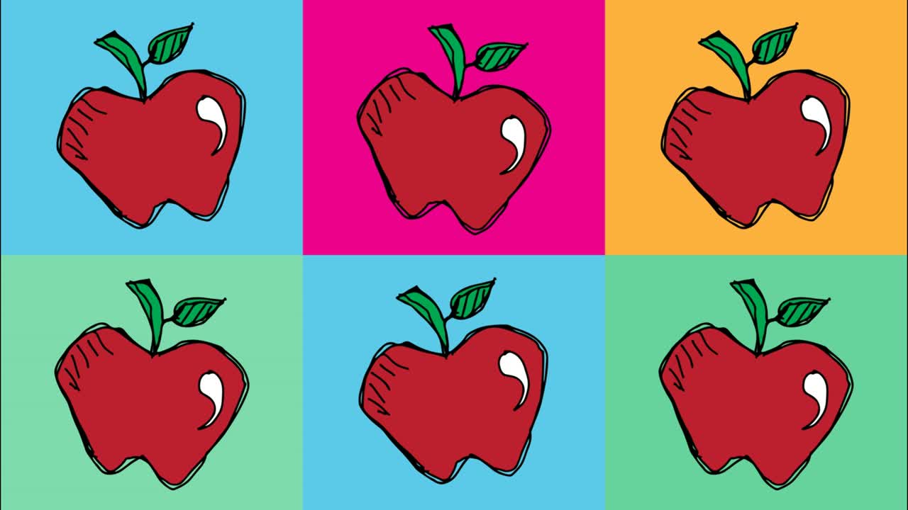 niños dibujando arte pop fondo sin costuras con el tema de la manzana