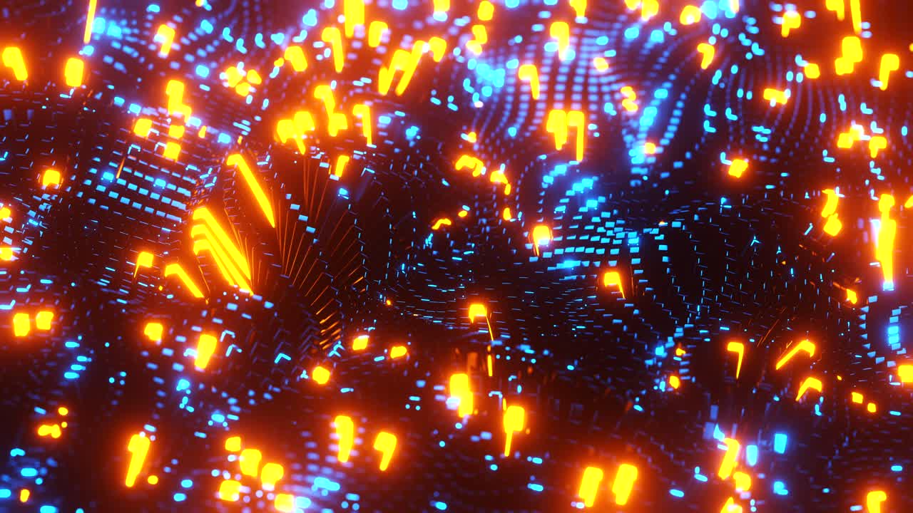 Animated wave moving structure of blue cubes with glare and radiance. Infinitely looped animation