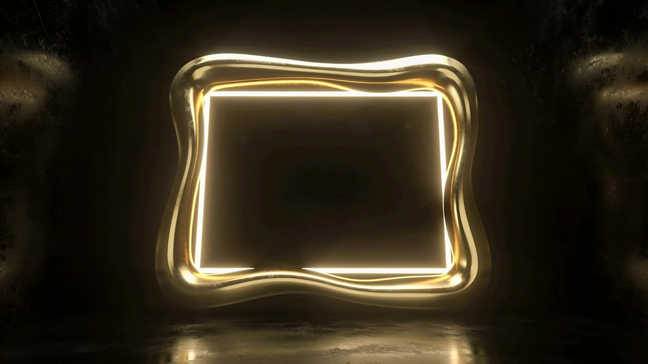 Fonte de luz em caverna balançando, inclinando, projetando luz no chão brilhante, fita dourada, luz interior