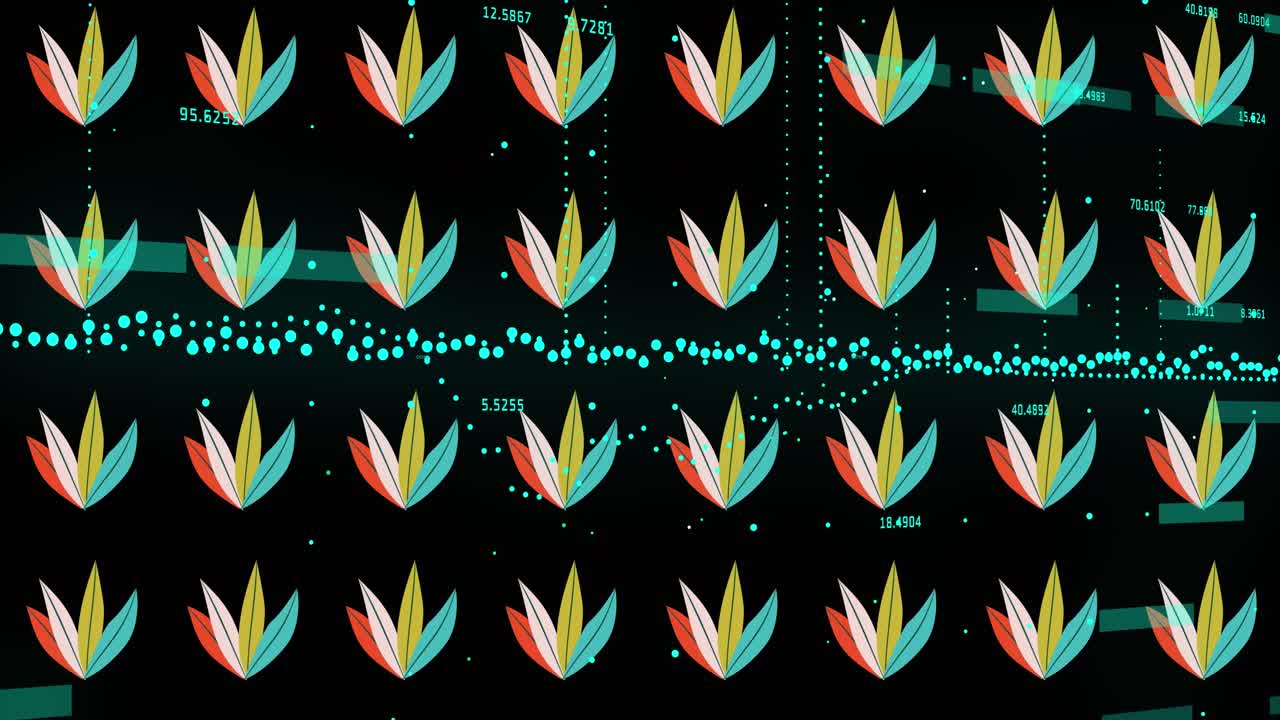 Animation of rows of leaves over graph and data processing on black background