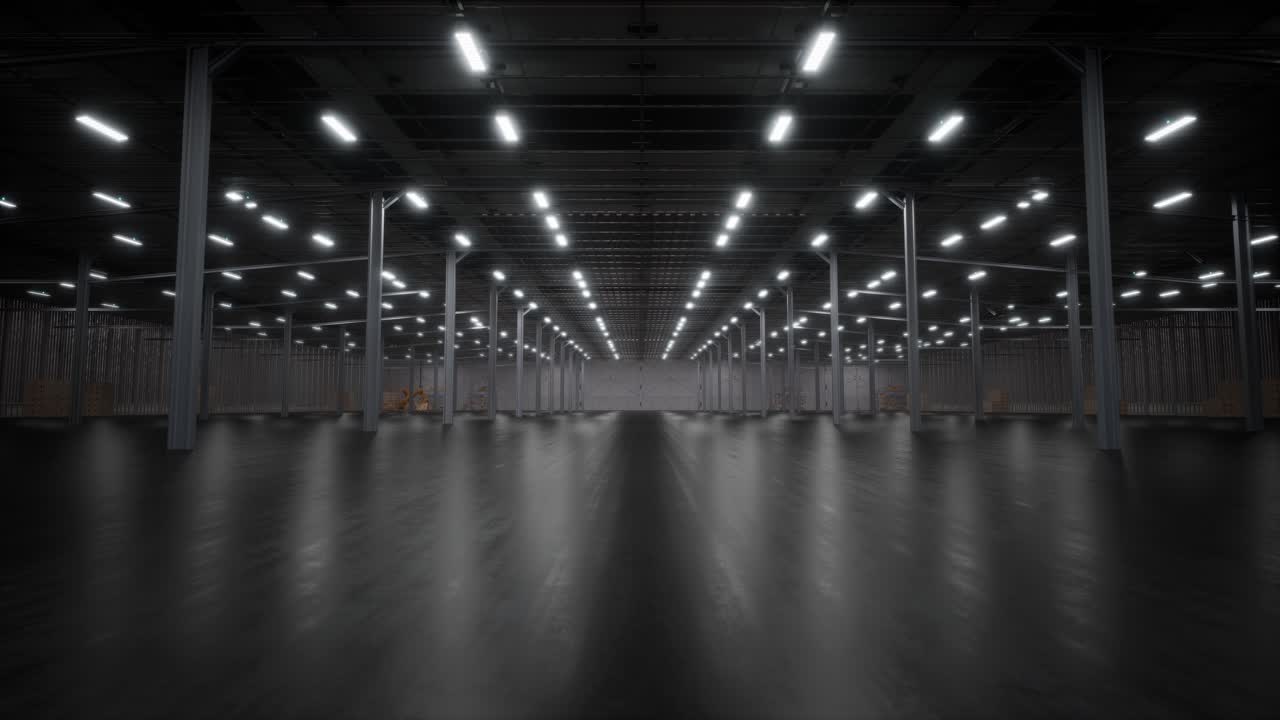 Empty Modern Industrial Warehouse With Bright Lights