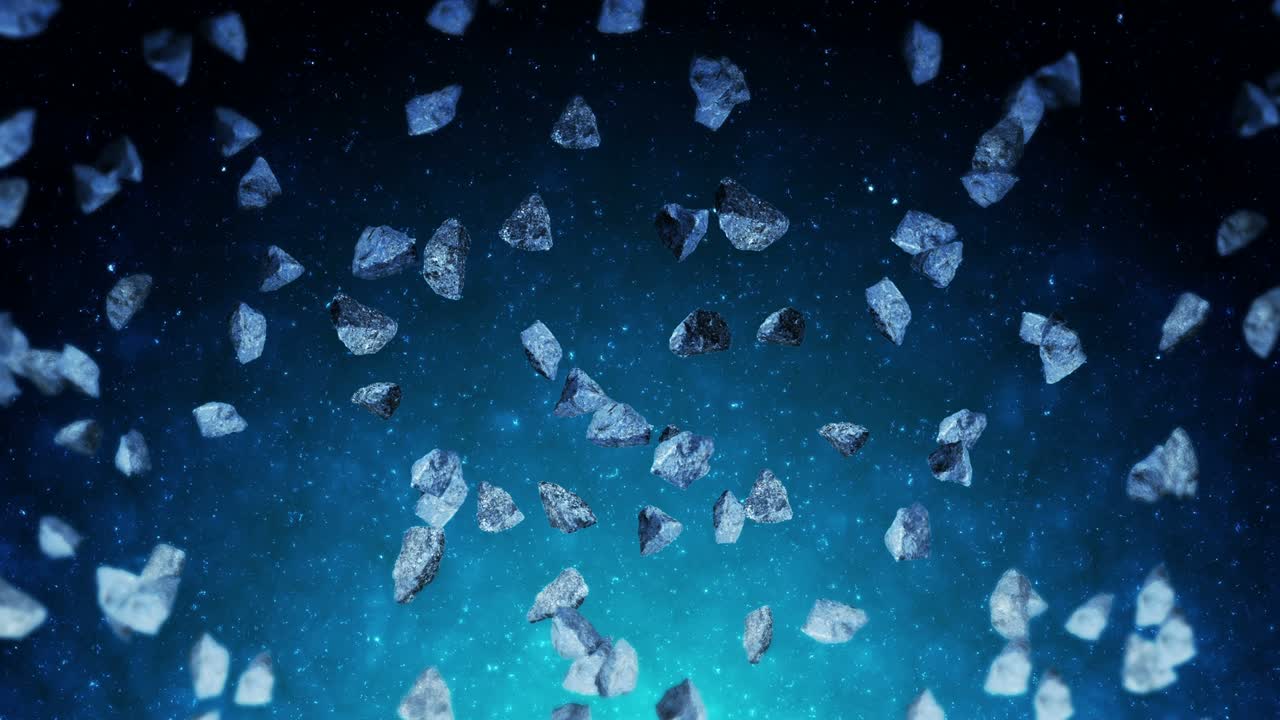 깊은 우주 배경에서 많은 소행성을 날아. 깨진 스플래시 폭발. 별빛 하늘. 돌고 있는 운석의 3d 애니메이션. 루프 애니메이션.