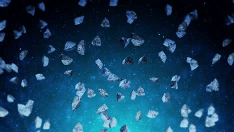 volando muchos asteroides en el fondo del espacio profundo. explosión de salpicaduras rotas. el cielo estrellado. animación 3d de meteoritos girando. animación de bucle.