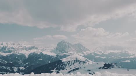 Dolomites-overall-grand-mountain-range-panorama,-craggy-ridges-in-snow