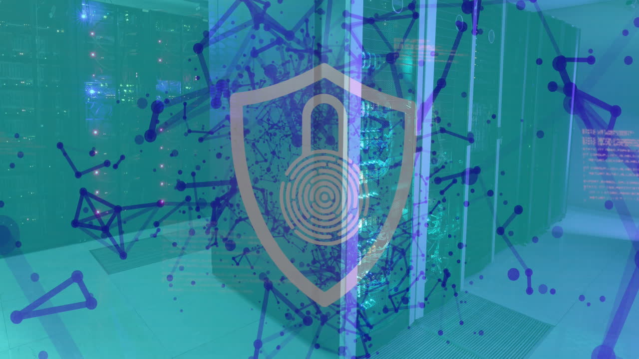 escudo de seguridad y icono de candado contra la red de conexiones contra la sala de servidores de computadoras