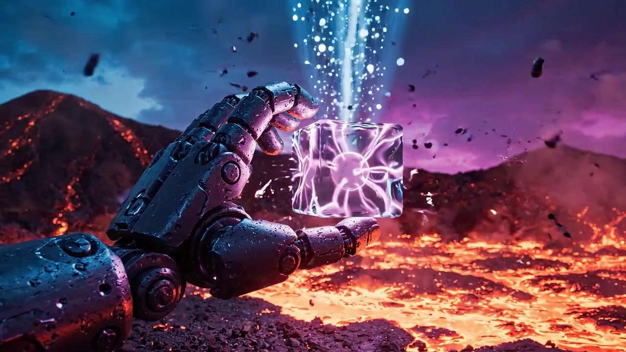 En robotarm udnytter energi fra eksplosive vulkanske sten, der oplyser et surrealistisk landskab med levende nuancer af lilla og blå i en futuristisk ramme