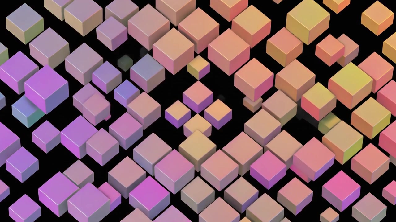 Abstrakt animation af farverige svævende terninger, der udvider sig og trækker sig sammen
