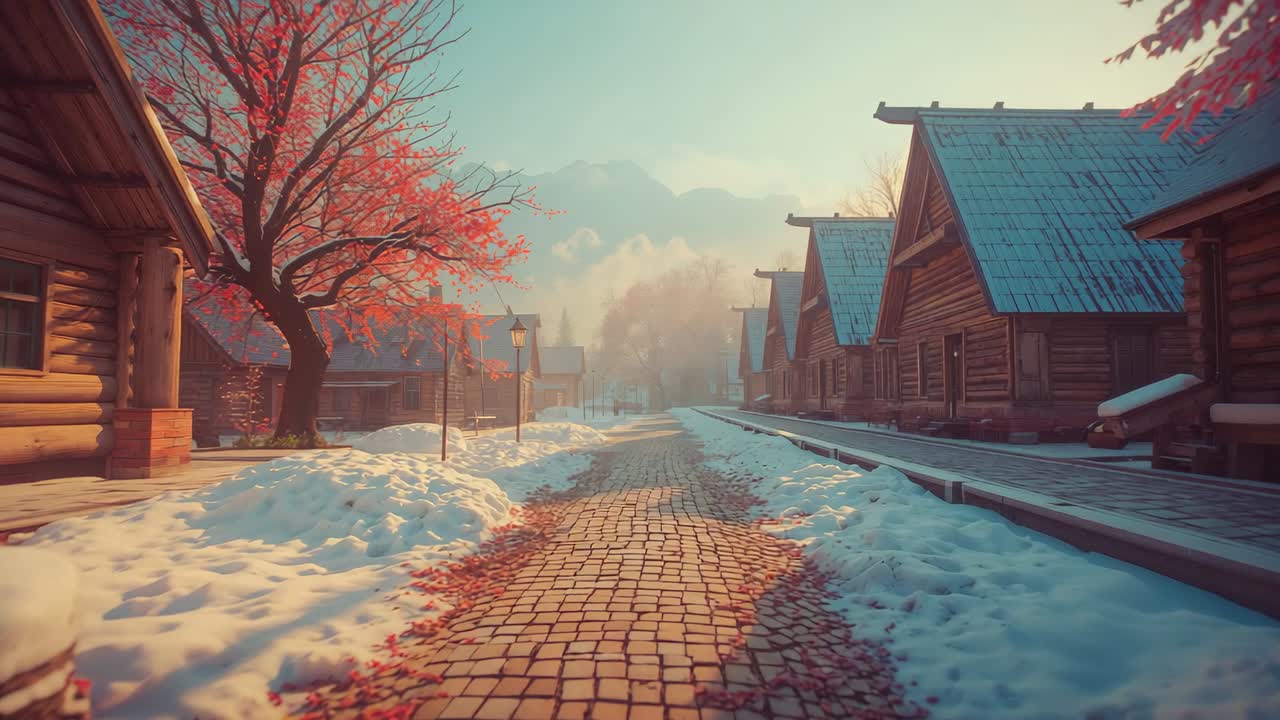 Tracking camera moving along stone path at village dawn, with log cabins, red-leaved tree and mist
