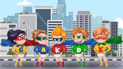 superhero kids posing in front of cityscape