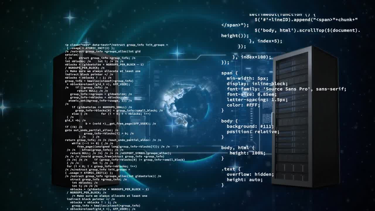 animação de processamento de dados com globo e servidores em fundo preto.