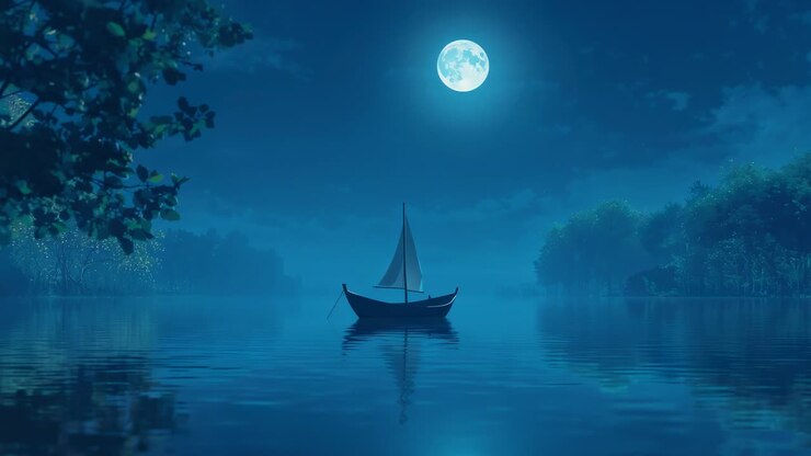 Soft breeze creating ripples around sailboat on lake under full moonlight, fireflies glimmering