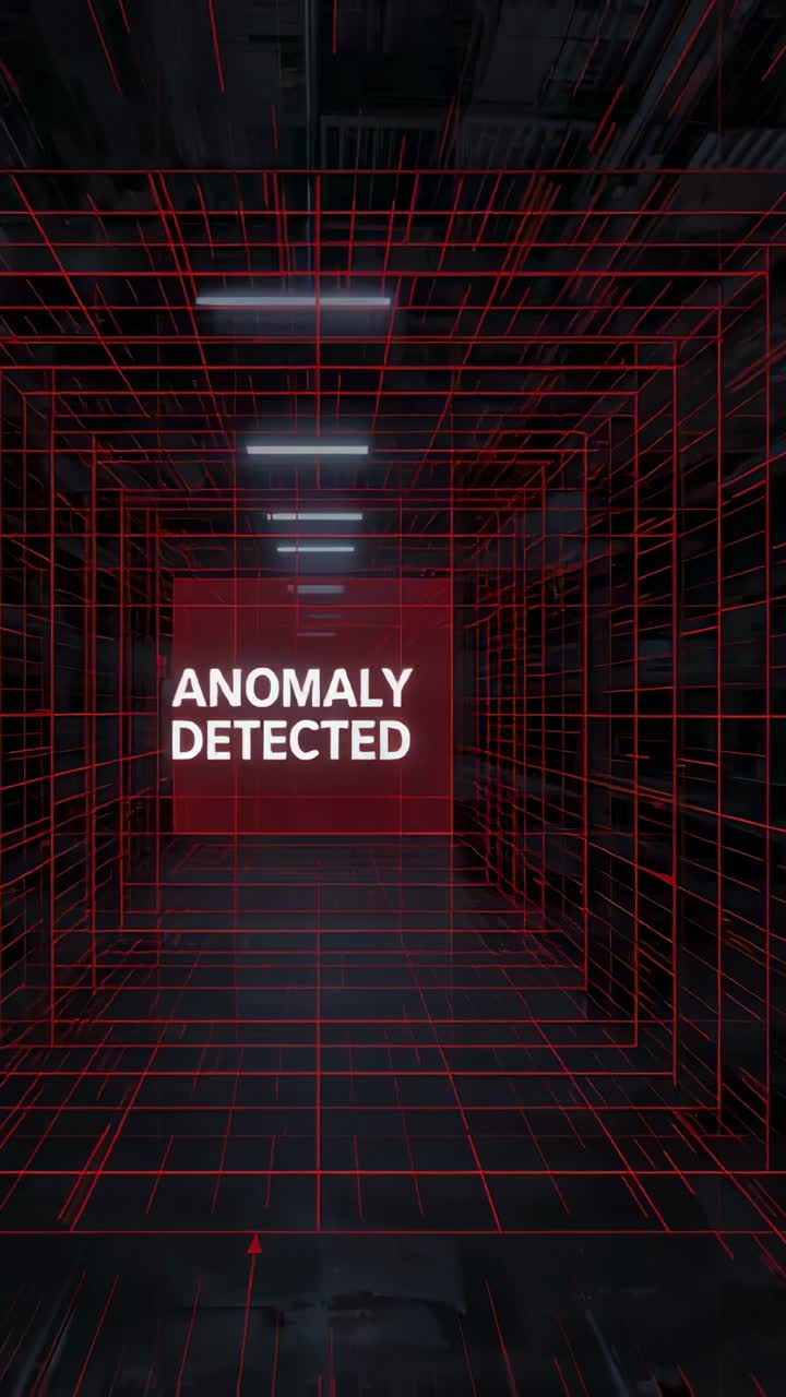 Vertical video: Advancing view showing red grid ANOMALY DETECTED square signaling alert in corridor