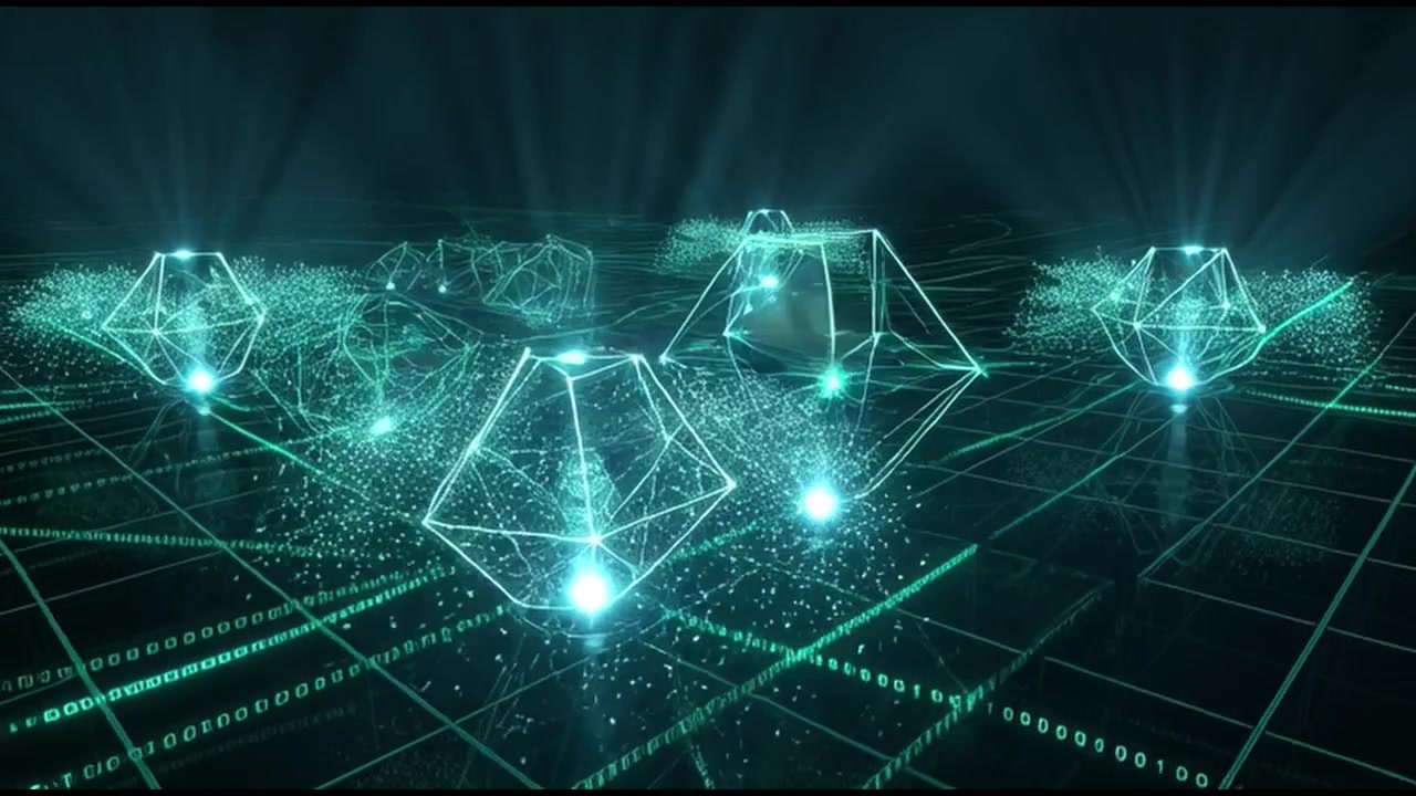Nodi di Rete Digitale che si Connettono su una Griglia di Dati Luminosa