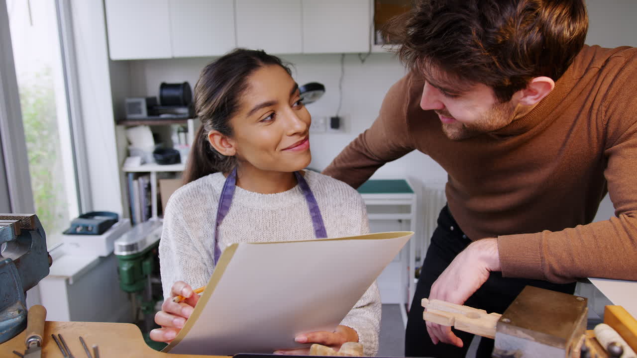 una pareja que dirige un negocio de joyas a medida discutiendo diseño en el estudio.