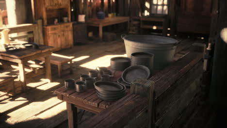 rustic pottery workshop with handcrafted dishes and tools in warm sunlight