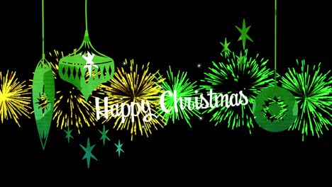 Animation-of-happy-christmas-text-in-white-with-fireworks-and-green-decorations-on-black-background