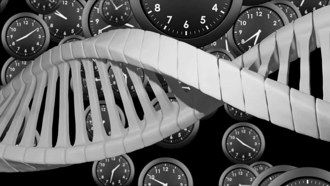 animación de relojes que se mueven sobre la cadena de adn en fondo negro