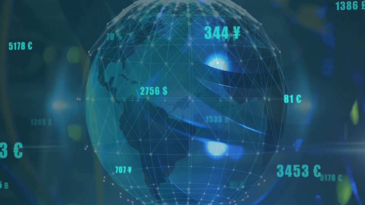 파란색 배경의 지구에 대해 여러 번 변하는 숫자와 빛의 반점의 애니메이션