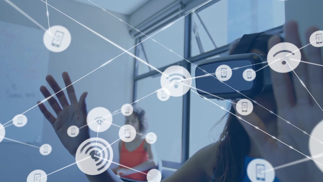 Mature female VR user creating network diagram raising hands showing wireless network in tech demo